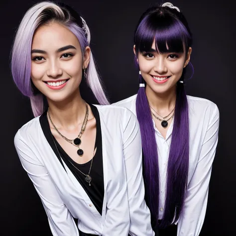 Masterpiece,1girl,solo, light smile, metal necklace, white shirt, modern , accessories, two-tone hair color in purple and black, unique hairstyle, stylish, black background