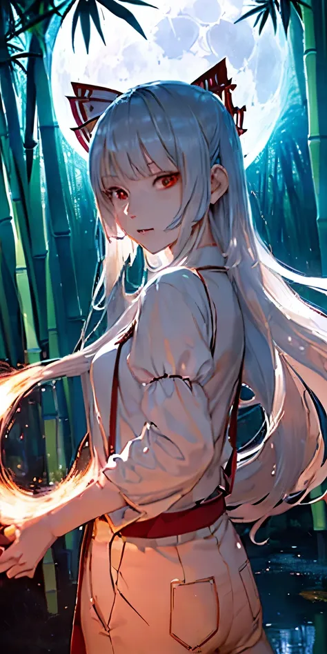 (masterpiece, best quality:1.3), (cinematic angle:1.3), Fujiwara no Mokou, Touhou Series, perfect face, expressive eyes, 1 girl, looking at viewer, 16 years old, beautiful, anime, lora, silver hair, long hair, white shirt, red long pants, (look evil:1.5), ...