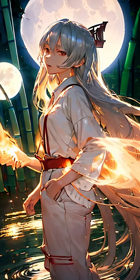 (masterpiece, best quality:1.3), (cinematic angle:1.3), Fujiwara no Mokou, Touhou Series, perfect face, expressive eyes, 1 girl, looking at viewer, 16 years old, beautiful, anime, lora, (silver hair, long hair, white shirt, red pants:1.3), (look evil:1.5),...