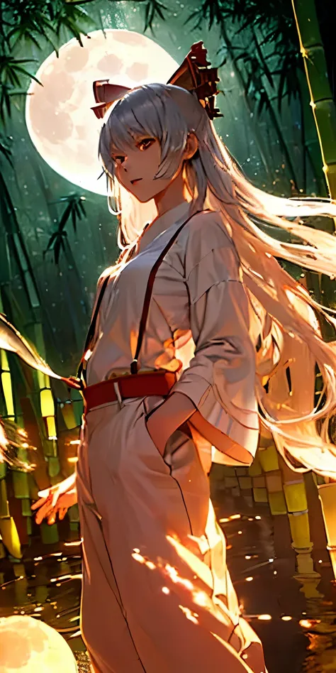 (masterpiece, best quality:1.3), (from below:1.3), Fujiwara no Mokou, Touhou Series, perfect face, expressive eyes, 1 girl, looking at viewer, 16 years old, beautiful, anime, lora, (silver hair, long hair, white shirt, red pants:1.3), (look evil:1.5), (cin...