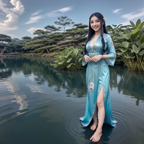 ((4k,masterpiece,best quality)), shuimobysim, chinese painting, lotus, hanfu, maxiskit, dress open, swf 1girl, solo, long blue h...