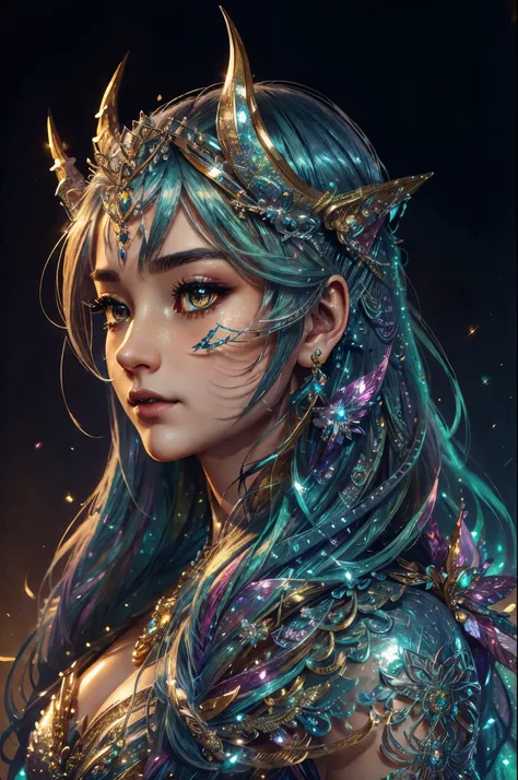 this is a highly detailed and semi-realistic fantasy art image with beautiful layers of shimmer, glimmering silks, and a glitter...