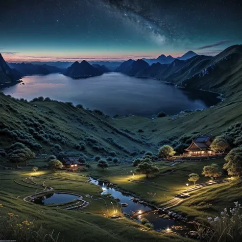 night scene with some house asian, vietnam, viet nam, ha giang, moon, lake in the foreground, calm night, green and blue, digital illustration, 4k highly detailed digital art, night scenery, anime art wallpaper 4k, anime art wallpaper 4 k, 4k detailed digi...