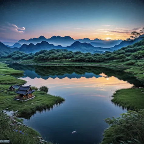 night scene with some house asian, vietnam, viet nam, ha giang, moon, lake in the foreground, calm night, green and blue, digita...