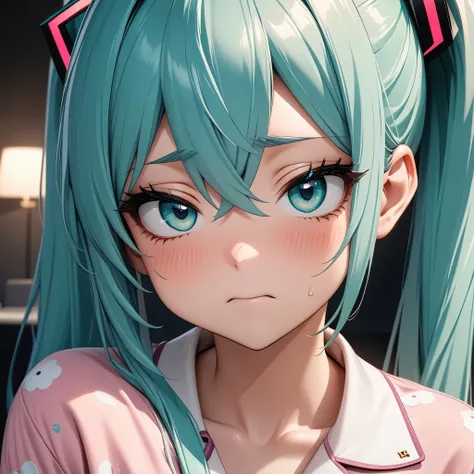 (masterpiece), (highest quality), Very detailed, High resolution, One girl, Sleepy face、Focus Only, Skin dents,In pajamas， Perfect Face, Swollen face, Beautiful Face, Big eyes, Puffy eyes, Perfect Eyes, eyelash，Hatsune Miku，Very detailed顔，The background is...