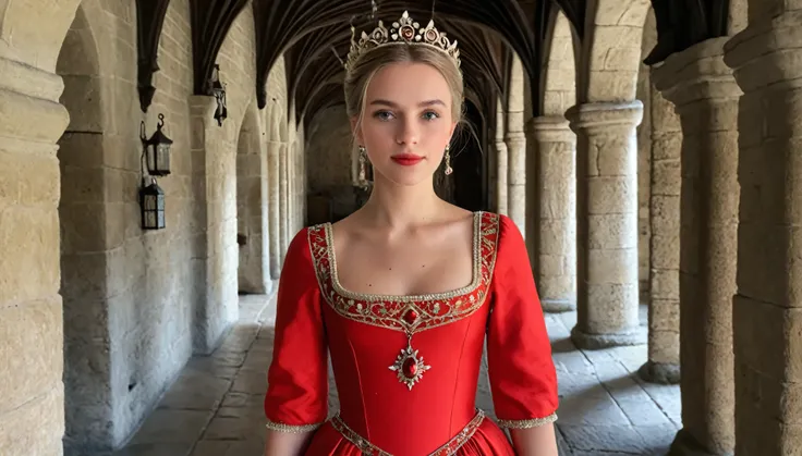 Photo of a european princess standing in a medieval hall , wearing a red dress , detailed face , decorations, taken on an iphone 15 pro max