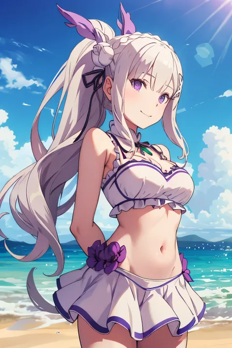 emilia re:zero, purple eyes, emilia, crown braid, x hair ornament, flower hair ornament, white hair, long hair, medium breasts, ...