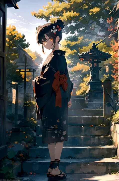 ((masterpiece,best quality)),2 girls, black kimono, black tights, black ribbon, black hair, 樱flower, sky, flower, hair bun, hair...