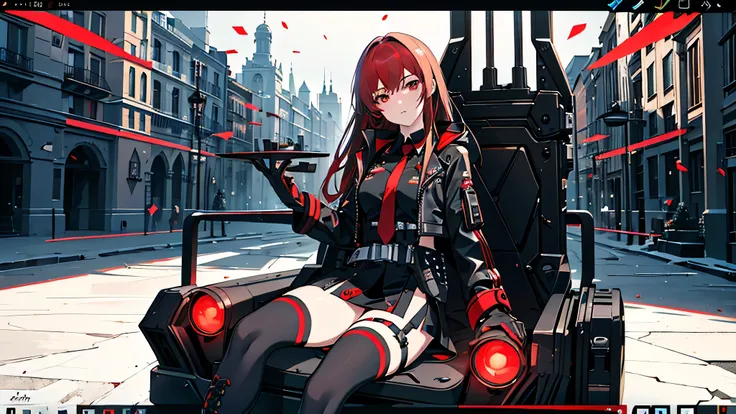 ((Best quality)), ((masterpiece)), (detailed:1.4), 3D, an image of a beautiful cyberpunk female, long burning red hair, burning hair, light brown eyes, Sharp eyes, Detailed Eyes, red Barret, Black Soldier Shirt, Black under cloth, black panty, Grenade belt...