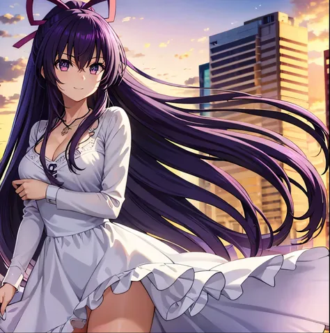 1girl, alone, tohka yatogami casual, long hair, purple hair, alluringly smile, one piece dress, white dress, square neck dress, ...