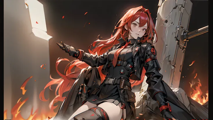 ((Best quality)), ((masterpiece)), (detailed:1.4), 3D, an image of a beautiful cyberpunk female, long burning red hair, burning hair, light brown eyes, red Barret, Black Soldier Shirt, Black under cloth, black panty, Grenade belt, Big chest, Big thigh, Hig...