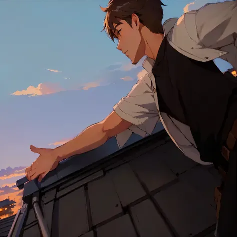 hombre anime en un techo mirando al cielo, escondido en los tejados, makoto shinkai ( legends of the apex ), pose de anime guapo, arte oficial, makoto shinkai cyril rolando, Estilo Makoto Shinkai, ( ( makoto shinkai ) ), Today&#39;s featured anime still., ...