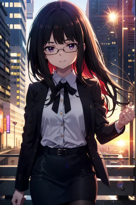 Takiuchi, Inoue Check, Long Hair, bangs, Black Hair, (Purple eyes:1.2),smile,
OL, Akagi Glasses, Black suit jacket, Collared jacket, White dress shirt, Collared shirt, Neckline, button, Black pencil skirt, Black Pantyhose,Stiletto heels,The sun is rising, ...