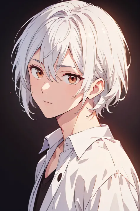 [(black background:1.5)::5], (masterpiece:1.2), (upper body:1.5), (portrait), 1boy, best quality, game cg, white hair, brown eyes, black shirt, centered