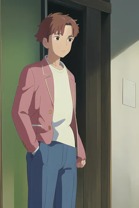 Obra maestra, mejor calidad, high resolution, 1 chico kiyotaka ayanokoji,  camisa blanca chaqueta roja chaqueta abierta corbata azul pantalones verdes mano en la cadera, mirando al espectador,ghibli style