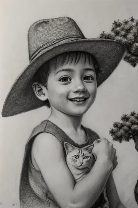 pencil drawing,(masterpiece, best quality, high resolution, absurdres, intricate details:1.3),monochrome,1boy,hat,smile,holding ...