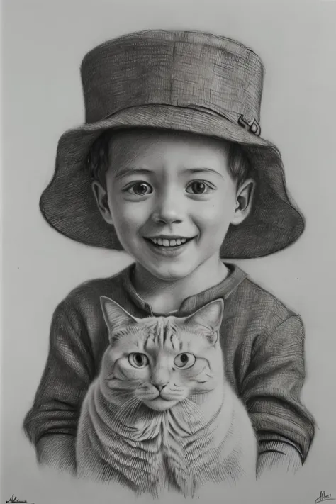 pencil drawing,(masterpiece, best quality, high resolution, absurdres, intricate details:1.3),monochrome,1boy,hat,smile,holding ...