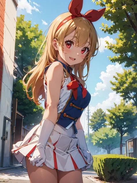 (red ribbon on hairband:1.2),masterpiece, best quality, highres, 1girl, solo, Blonde hair, RED eyes, mole under eye, band uniform, sleeveless, white gloves, knee boots, cowboy shot, hand on hip, smile, open mouth, outdoors ,((((skirt lift)))),((red color p...