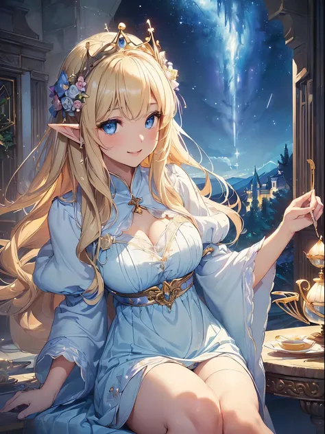 最high quality、Best image quality、masterpiece、The season is spring、Sexy elf beauty((20-year-old、Best Bust、、Bust 90,Beautiful Blue Eyes、,Blonde long hair、In a beautiful white dress、Close-up、Sitting on a chair、table、tea、Lots of dishes、flower、flower瓶、Magic Har...