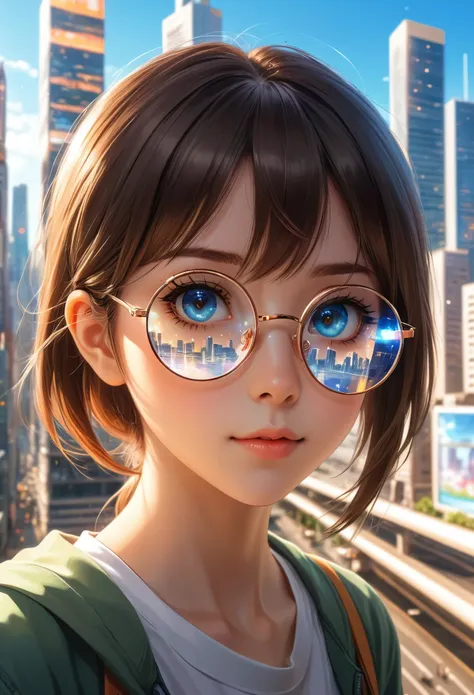 A girl with round glasses in an anime style portrait has a city background reflected in the glass of her eyes. The high resolution, high detail illustration has an anime aesthetic wallpaper behind her with a detailed face and bright light on one eye. The c...