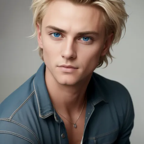 A young man with bronzed skin, small blue eyes, and loose wavy blonde hair, reminiscent of Billy Joe Armstrongs likeness, in a slim and lean build. This exquisitely detailed, photorealistic portrait, captured in RAW format, boasts utterly realistic texture...