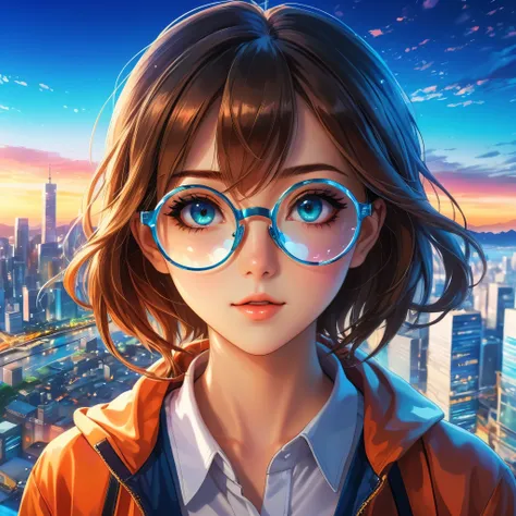 Anime girl wearing round glasses with a city background in the style of anime. A closeup of her eyes and reflection in the glass in the anime art style. A colorful and fantastical realistic image with an anime aesthetic. A high resolution and high quality ...