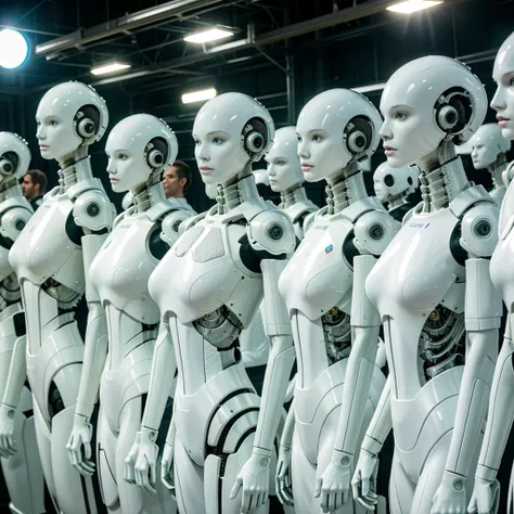 there are many mannequins lined up in a row, highly detailed vfx scene, white biomechanical details, darren aronofsky, human computer, large arrays, portrait of female android, artificial intelligence logo, human female, bluray image, anthropomorphic femal...