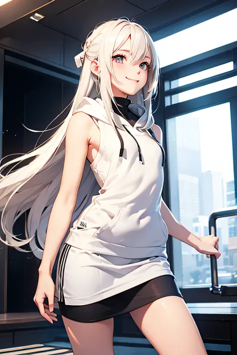 highest quality、Realistic、Women、Japanese、zoom、look up、cute、smile、Gray eyes、Platinum Blonde Hair、long hair、White sleeveless hoodie、mini skirt、slender、Small breasts