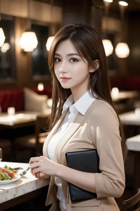 masterpiece, highest quality, Realistic, Very detailed, Finer details, High resolution, 8k wallpaper, One beautiful woman, Wear casual business attire, In a great restaurant, At night, Light brown messy hair, Perfect dynamic composition, Beautiful and beau...