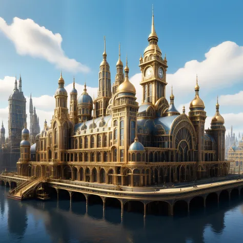 A bustling metropolis blends Victorian elegance with AI innovation, its skyline adorned with ornate steam-powered constructs.