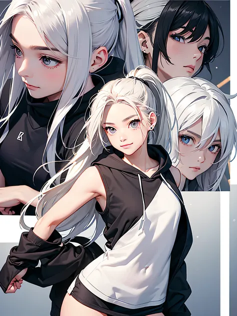 highest quality、Realistic、Women、Japanese、zoom、look up、cute、smile、Gray eyes、Platinum Blonde Hair、long ponytail、White sleeveless hoodie、mini skirt、slender、Small breasts