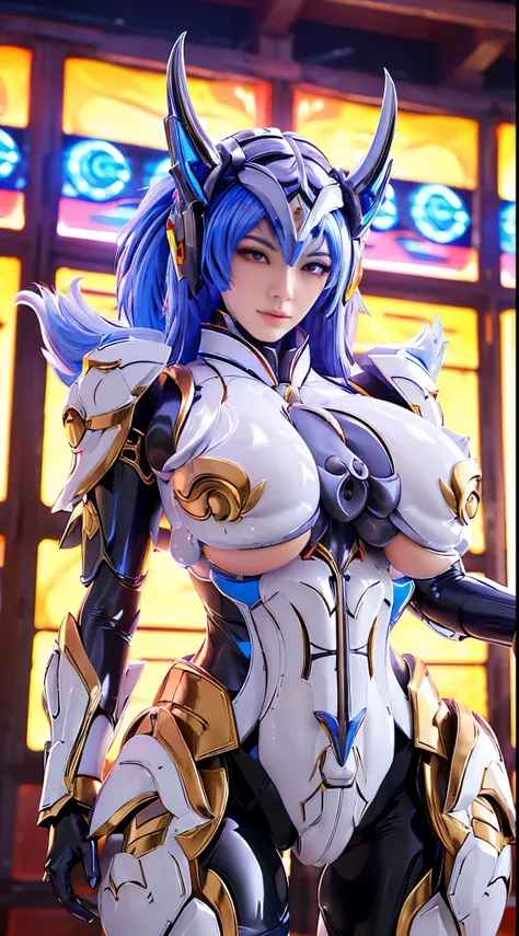 KITSUNE, (GIGANTIC BREASTS, HUGE BREASTS:1.5), RAINBOW COLORED, HETEROCHROMIA EYE, MECHA HEAVY ARMOR, TRANSPARANT, SEXY MUSCULAR FEMALE BODY.