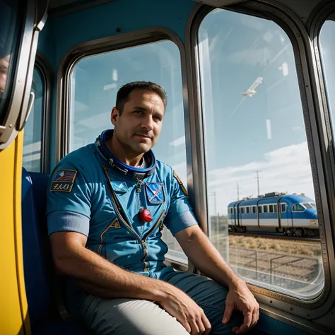 Editorial Photography of a strong male cosmonaut ((40 year old)) sitting in front of a train window to space, looking at camera, back to viewer, realistic skin, Photojournalism, retrofuturism, Kodak Ektar, Depth of Field, F/1.8, 4k, volumetric, vignette