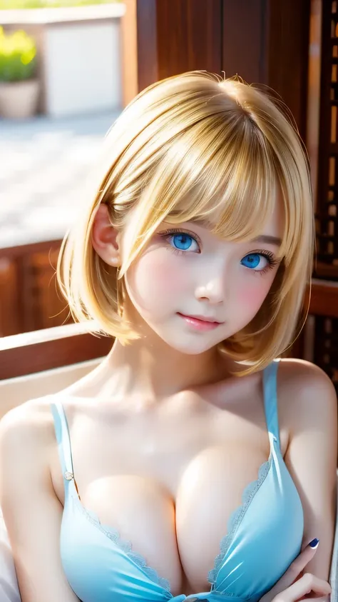 Beautiful fair and glowing skin, 3 Up, gorgeous, bright, Refreshing and gentle expression, Perfect beautiful face、Blonde short hair, Beautiful shiny bangs, A very beautiful 17 year old girl, Eyeliner, Very perfect and beautiful lovely big clear sky blue ey...