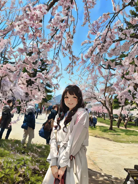 allalin woman standing under tree with pink flowers, sakura season, cherry blossoms tree in background, cherry blossoms tree in ...