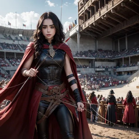 Lily Collins with black curly hair with red hood, medieval clothes, bow and arrow in hand, entering an arena landscape filled with bleachers and audience watching the illustration is detailed, smooth and bright, HD art by Citemer Liu