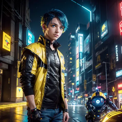 (masterpiece:1.3), (best cinematic quality:1.2), (extremely detailed setting:1), (soft+artistic lighting), (1boy), short blue haired, (eyes+yellow+red:1.4), (multicolored eyes+heterochromia), wearing cyberpunk clothes, futuristic, technological, city scene...