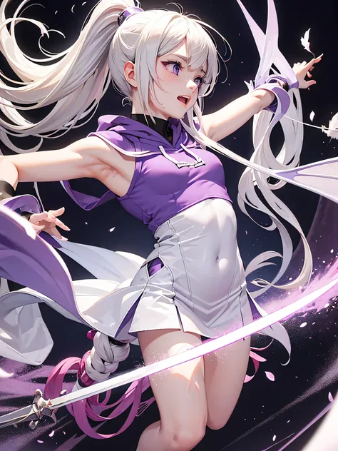 highest quality、Realistic、Women、Japanese、zoom、look up、cute、Invincible laughter、Purple eyes、Platinum Blonde Hair、long ponytail、tooth、Big Bat Wing、、Sword in one hand、White sleeveless hoodie、mini skirt、slender、Small breasts