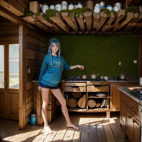 Best quality, masterpiece, ultra-high resolution, surrealism, firewood, moss piled in kitchen corner, an eighteen-year-old girl, blue hair, blue eyes,