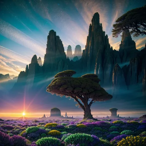 Alien Landscape,abstract art,futuristic elements,vibrant colors,otherworldly atmosphere,ethereal lighting,organic shapes,unique materials,highly detailed vegetation,alien plants and flowers,otherworldly creatures,holographic projections,mysterious structur...
