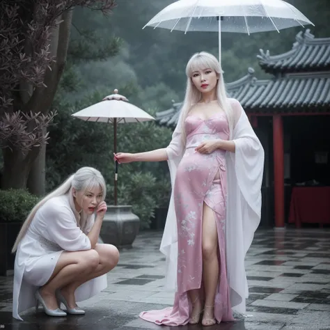 Masterpiece, best quality, night, outdoors, rainy days, branches, Chinese style, ancient China, 1 woman, mature woman, silver white long haired woman, gray blue eyes, light pink lips, cold, serious, weak, bangs, assassins, short knives, white clothes, blac...