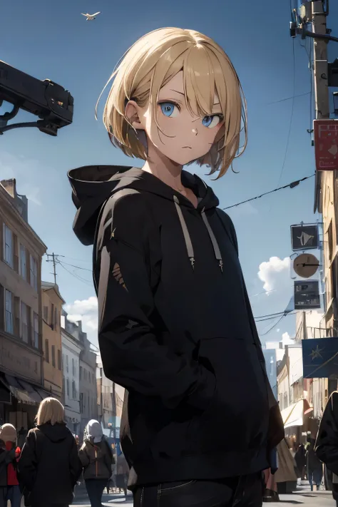 ((highest quality)), ((masterpiece)), (detailed), Perfect Face,Blonde, Blue eyes,Black clothes,hair,Fair skin,Bob,Confused eyes,hoodie,crowd,gun,Crow