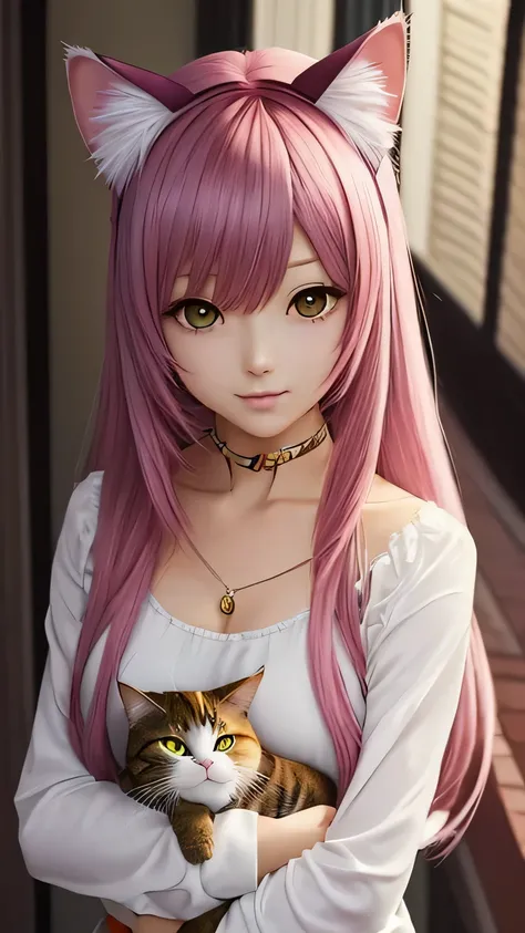 There is a woman with pink hair and cat ears., Very beautiful cute cat girl, Charming cat girl, Real life anime girls, Ultra realistic anime, beautiful Anime cat girl, Anime cat girl, Beautiful young cat girl, Very Beautiful Anime Cat Girl, Surreal , Encha...