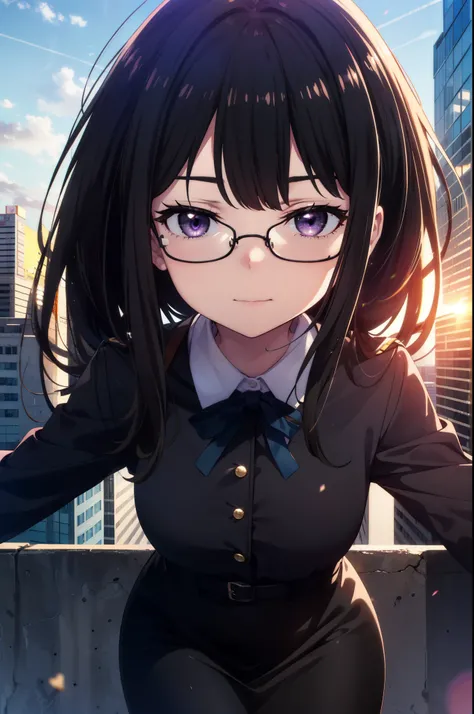 Takiuchi, Inoue Check, Long Hair, bangs, Black Hair, (Purple eyes:1.2),smile,
OL, Akagi Glasses, Black suit jacket, Collared jacket, White dress shirt, Collared shirt, Neckline, button, Black pencil skirt, Black Pantyhose,Stiletto heels,The sun is rising, ...