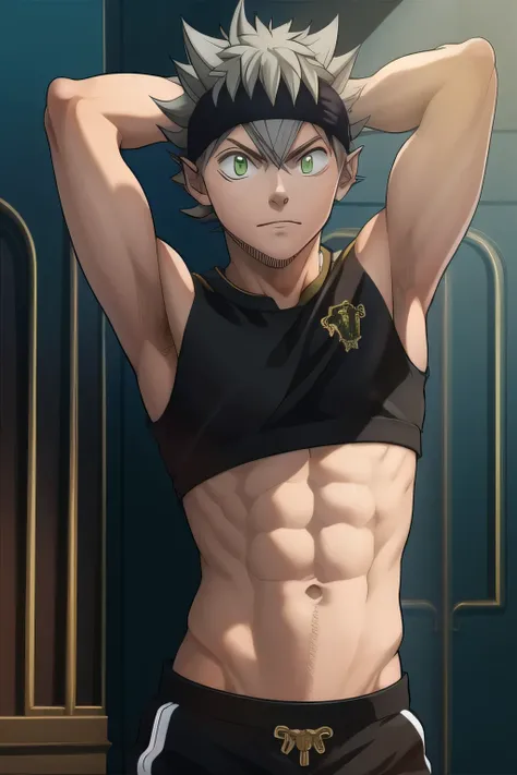 masterpiece, best quality, high quality, 1boy, solo, male focus, wearing a crop top, looking at viewer, waist body, asta, green eyes, black headband, grey hair, hand behind his head, spiked hair,,