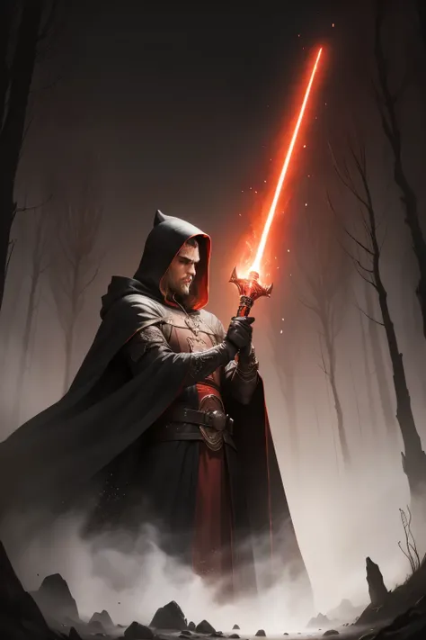 a man in a cloak sosteniendo un sable de luz rojo, in a dark black and rojo forest, Hold a lightsaber in the forest, sable laser resplandeciente (rojo),dark fantasy style art, dark fantasy artwork, 8K fantasy art, dark fantasy style, 4K fantasy art, HD epi...