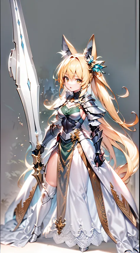 Masterpiece, Best quality, high resolution, Solo, 
1girll, blond hairbl, Yellow eyes, pony tails, Animal ears, Tail, 
Original costume 2, a white long skirt, Armor,  sword, A shield,