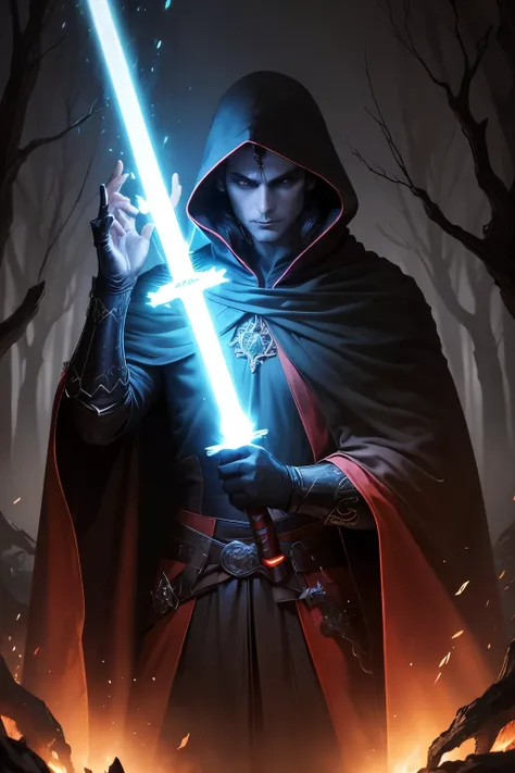 a man in a cloak sosteniendo un sable de luz rojo, in a dark black and rojo forest, Hold a lightsaber in the forest, sable laser resplandeciente (rojo),dark fantasy style art, dark fantasy artwork, 8K fantasy art, dark fantasy style, 4K fantasy art, HD epi...