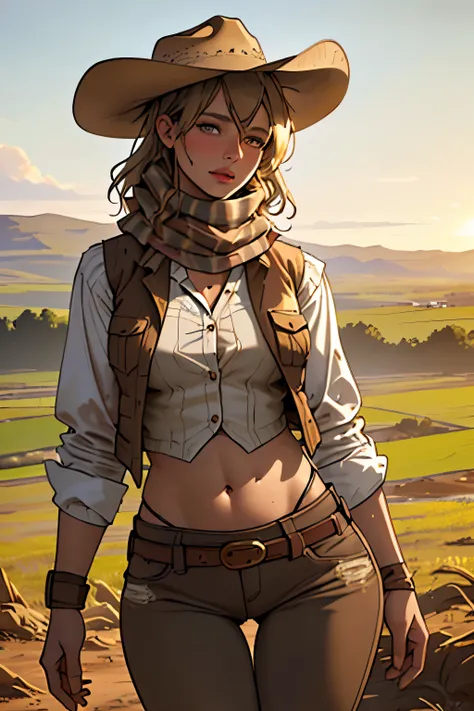 (highest quality, Super detailed, realistic:1.37), outdoor, girl, muddy, detailed and beautiful eyes, beautiful detailed lips, cowboy hat, vest with fringes, slim waist, wide hips, thigh gap, show belly, pants, scarf, With confidence, middle of chest, dust...