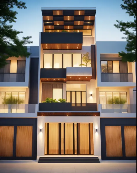 surreal images, high definition, 8k, details, modern, luxurious house, main materials (natural stone, the all door by aluminium of glass,
Red decorative brick facade, black painted iron awning,  ) beautiful garden, light night beautiful.